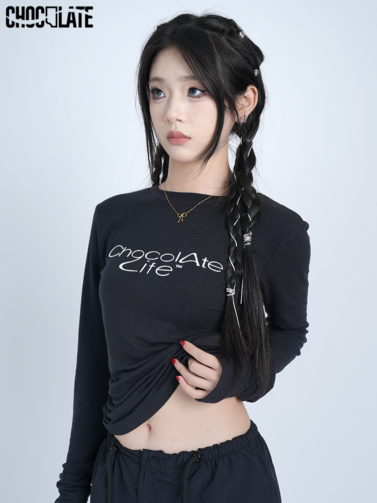 CHOCOLATE黑色花灰抹茶绿纯色长袖打底衫T恤 基础简约街舞女上衣