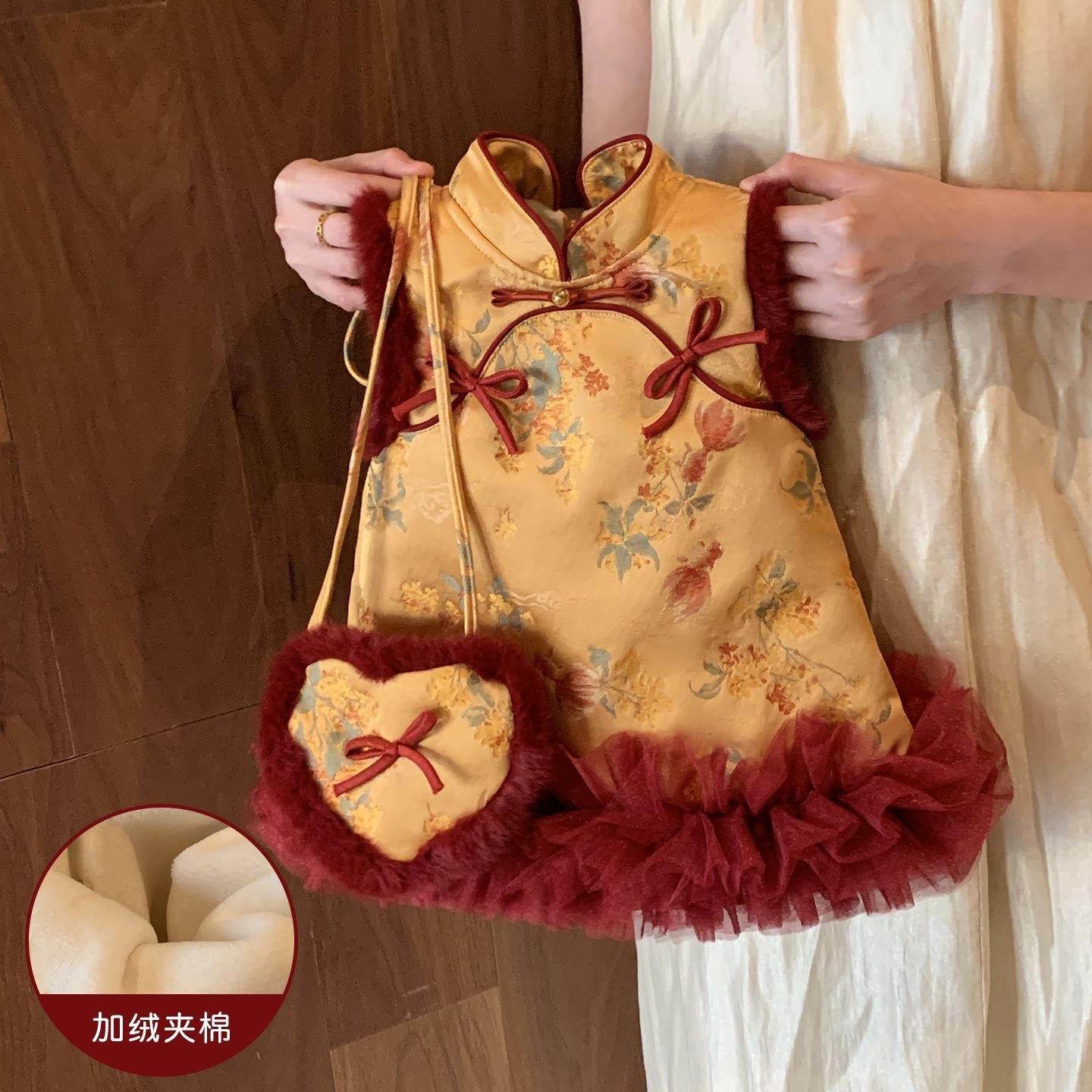 女童连衣裙新中式旗袍红色背心公主裙女宝宝周岁礼服拜年服套装裙