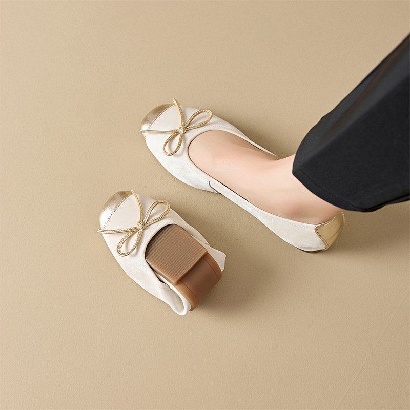 2025春季羊皮小单鞋女 韩版蝴蝶结真皮妈妈鞋女 一脚蹬大码豆豆鞋,女鞋,时尚芭蕾鞋,淘宝优惠券,粉丝福利购,淘宝优惠卷