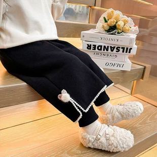 女童加绒加厚休闲裤2025新款假两件保暖裤子宝宝冬季宽松黑色