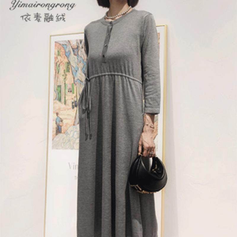 依麦融绒桑蚕丝山羊绒针织抽绳连衣裙女中长款羊绒毛衣裙打底裙子