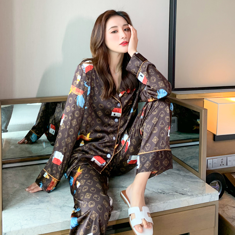 新品Autumn Women's pajamas set Poker Pattern Sleepwear Brown