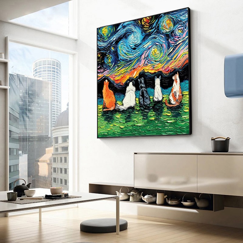 好货手绘油画梵高名画星空卡通猫抽象画餐厅背景墙装饰画客厅玄关
