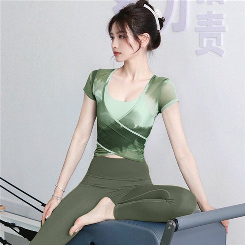 好货国风瑜伽服女2025新款网纱绿色短袖普拉提绝美上衣运动健身套