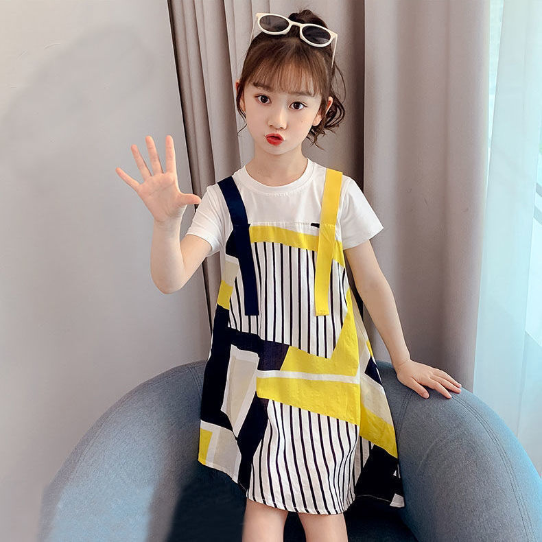 好货童装韩版2022新款黄色条纹连衣裙夏季女潮范棉短袖假两件公主