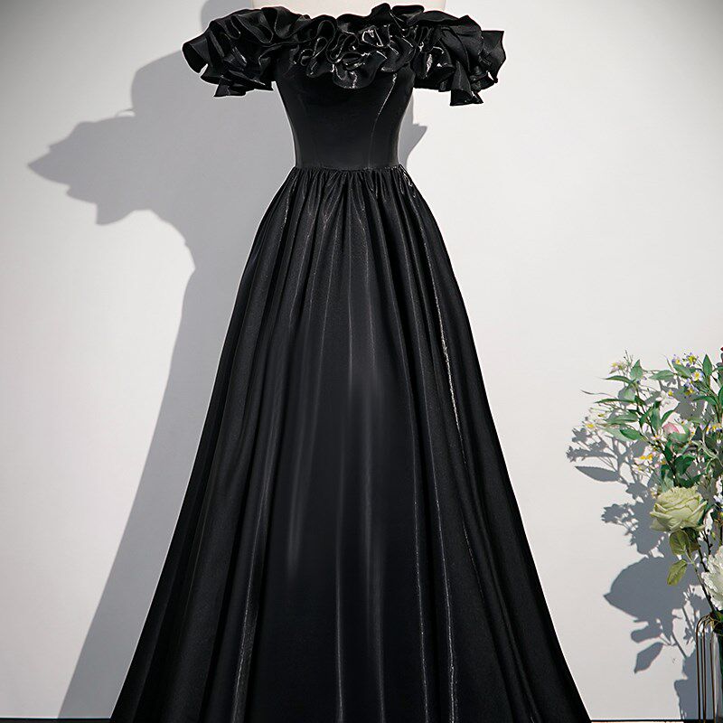 黑色高端晚礼服轻奢小众年会主持成人学生艺考蓬蓬裙一字肩年会