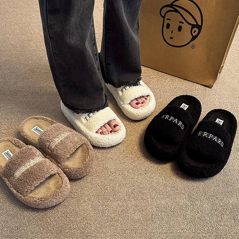 日本毛毛拖鞋女外穿新款日系ins潮鞋秋冬黑色厚底棉拖鞋子春夏季