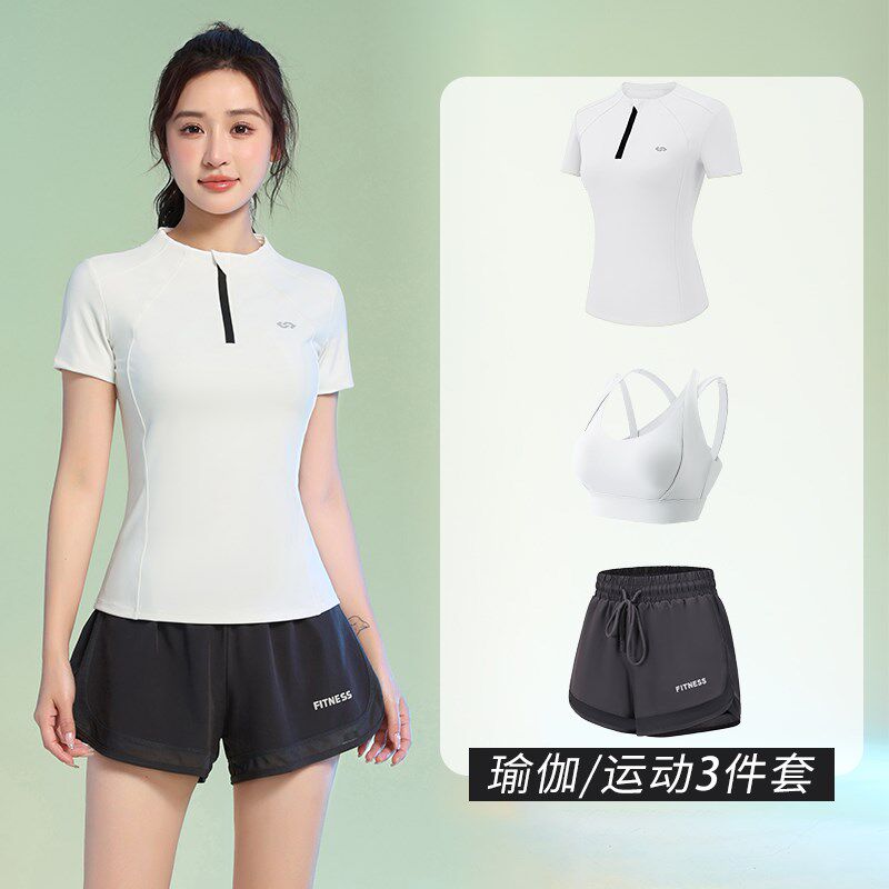 好货黑色休闲运动套装女夏季薄款透气半拉链速干短袖专业室内羽毛