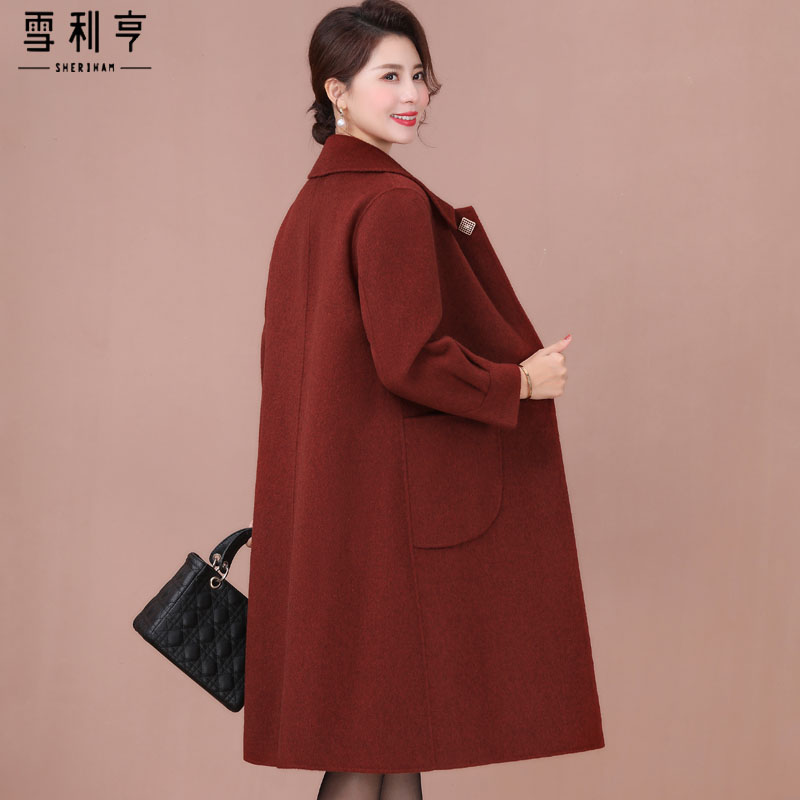 好货双面绒羊毛呢大衣女中长款酒红色2025秋冬款宽松妈妈装羊毛呢
