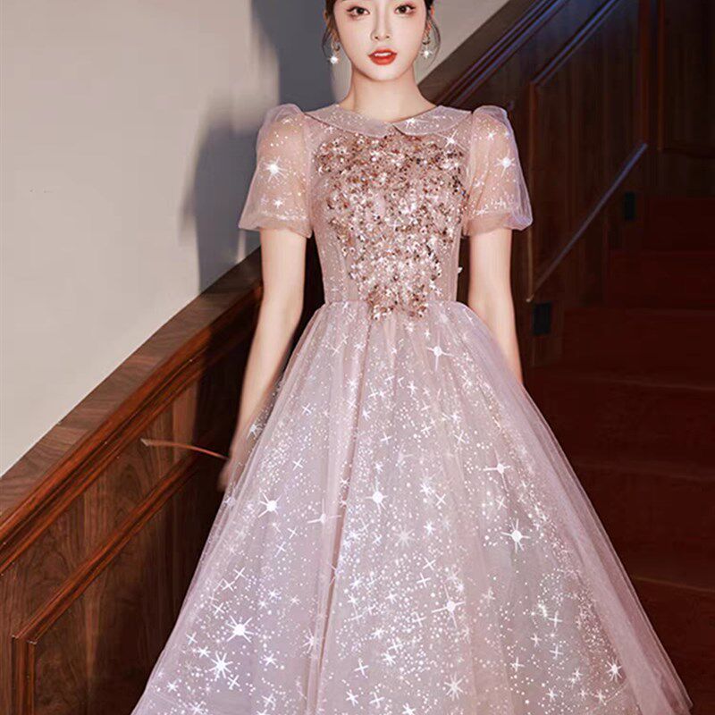 大码粉色晚礼服胖mm宴会气质轻奢小众200斤高端主持伴娘公主裙女