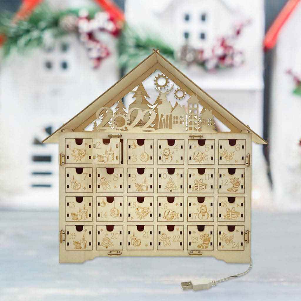 网红2022 Natal Kayu Kalender Advent 24 Laci Penyimpanan Lamp