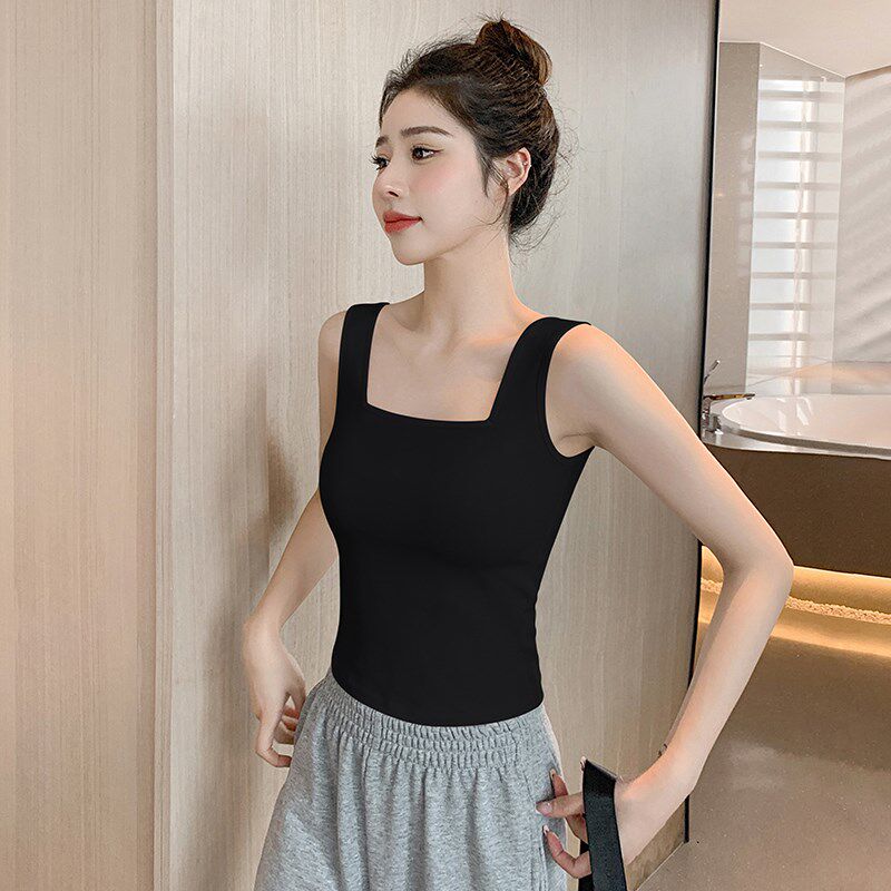 新品方领黑色f背心女内搭外穿2025新款纯棉无袖吊带工字无胸垫打