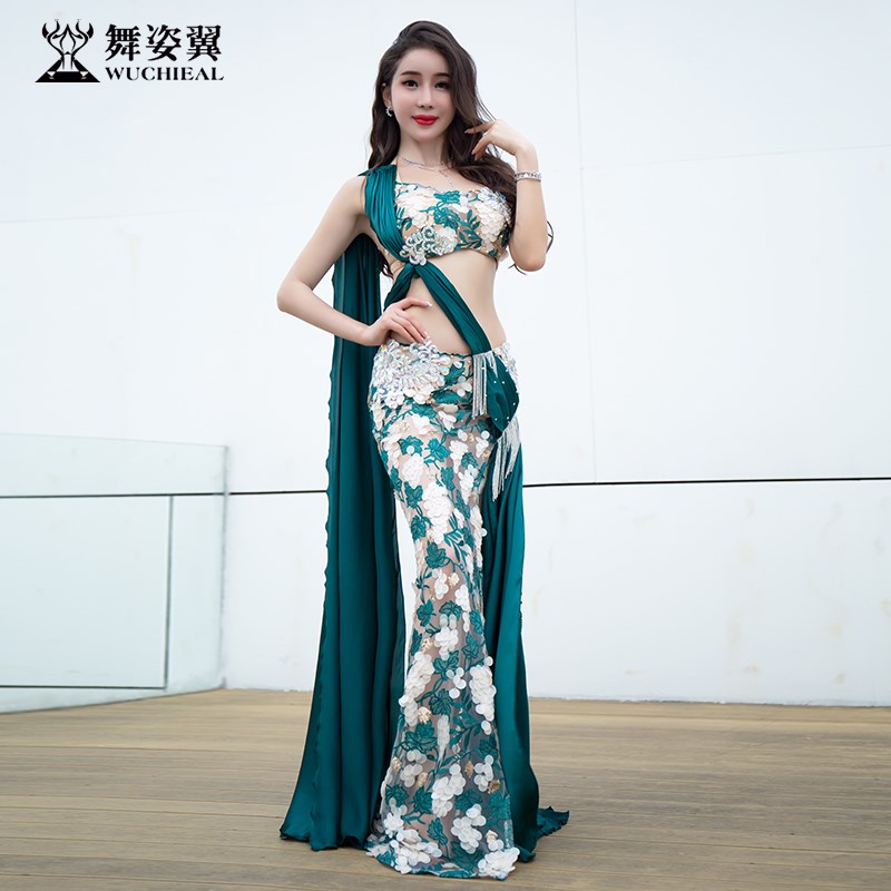 新品舞姿a翼肚皮舞表演出服装女2018新款丝绸珠片文胸鱼尾长裙套