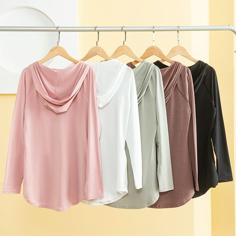 新品春季新款休闲宽松显瘦运动上衣女白色瑜伽Q服卫衣连帽健身上