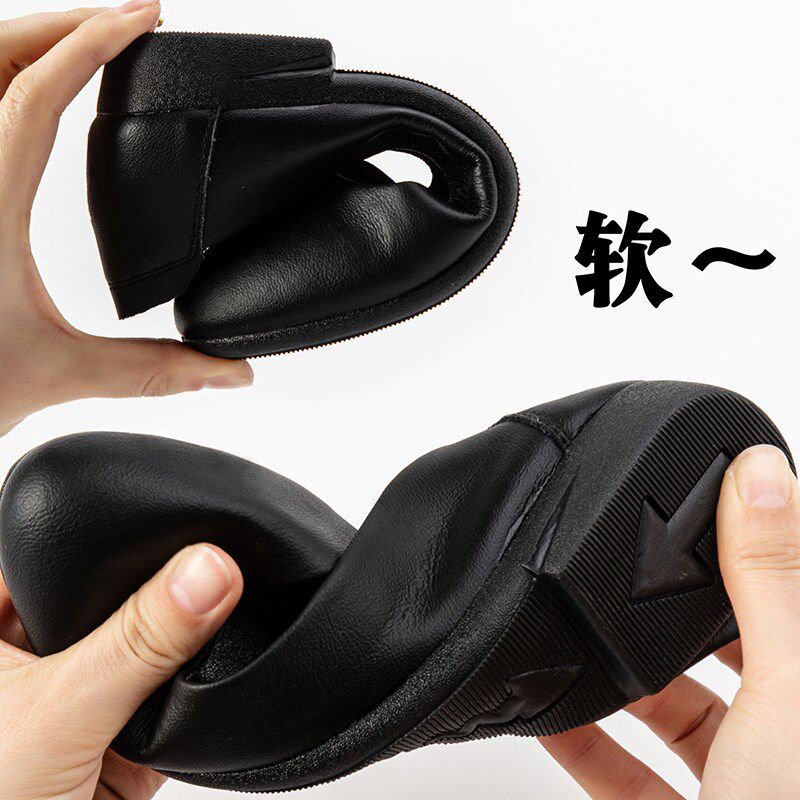 新品工作鞋女黑色平底上班v鞋面试职业空姐鞋软底舒适工装真皮单