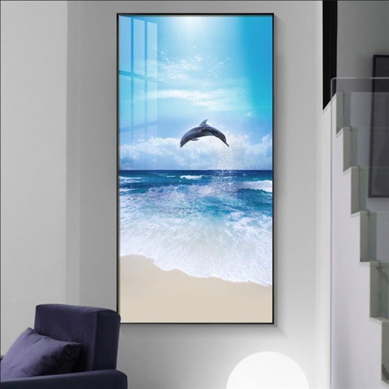 极速海洋动物海豚鲸鱼现代风玄关装饰画门厅O走廊过道壁画墙画竖图片