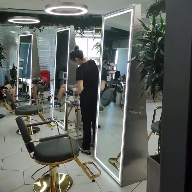 新品理发店镜子简约带灯不锈钢z美发店镜台发廊专用靠墙双面剪发