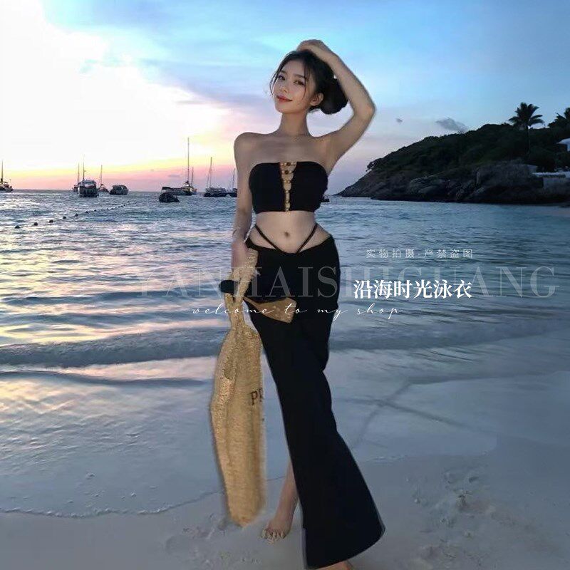 极速泳衣b女复古串珠分体比基尼黑色辣妹抹胸三件套性感露背温泉