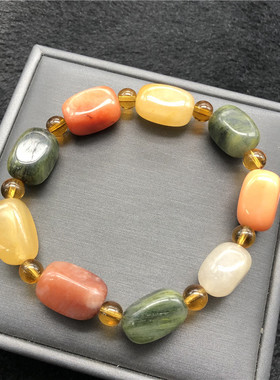 新品天然新疆金丝玉随形方块手链 女款彩色玉石手T串 价格低有瑕