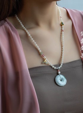 新品保真天然和田玉多宝藕粉色吊坠绳女J玉佩玉坠项链绳毛衣链高