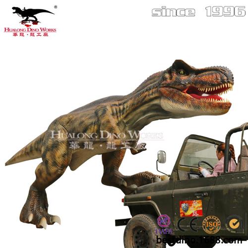 户外仿真恐龙模型仿真霸王龙脚踩吉普车大型机械电动恐龙摆件.
