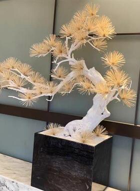 仿真迎客松落地摆件牙签树盆景中式玄关装饰绿植实木雕刻松叶树