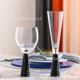 轻奢风银色玻璃高脚杯黑色螺纹红酒杯香槟杯宴会样板间酒具摆件