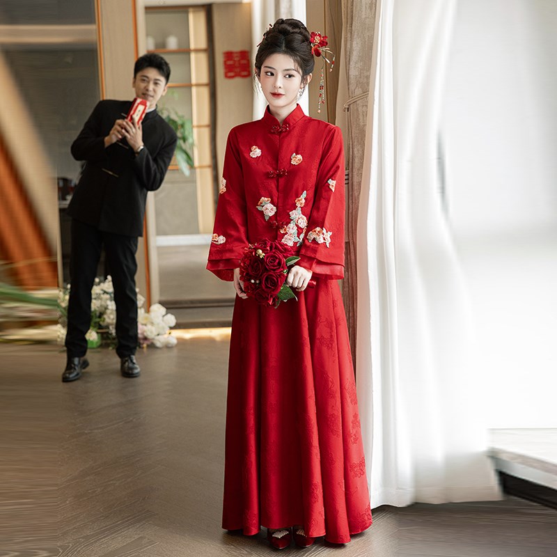 中式敬酒服新娘结婚秀禾s服孕妇遮肚酒红色长袖订婚出阁宴礼服大