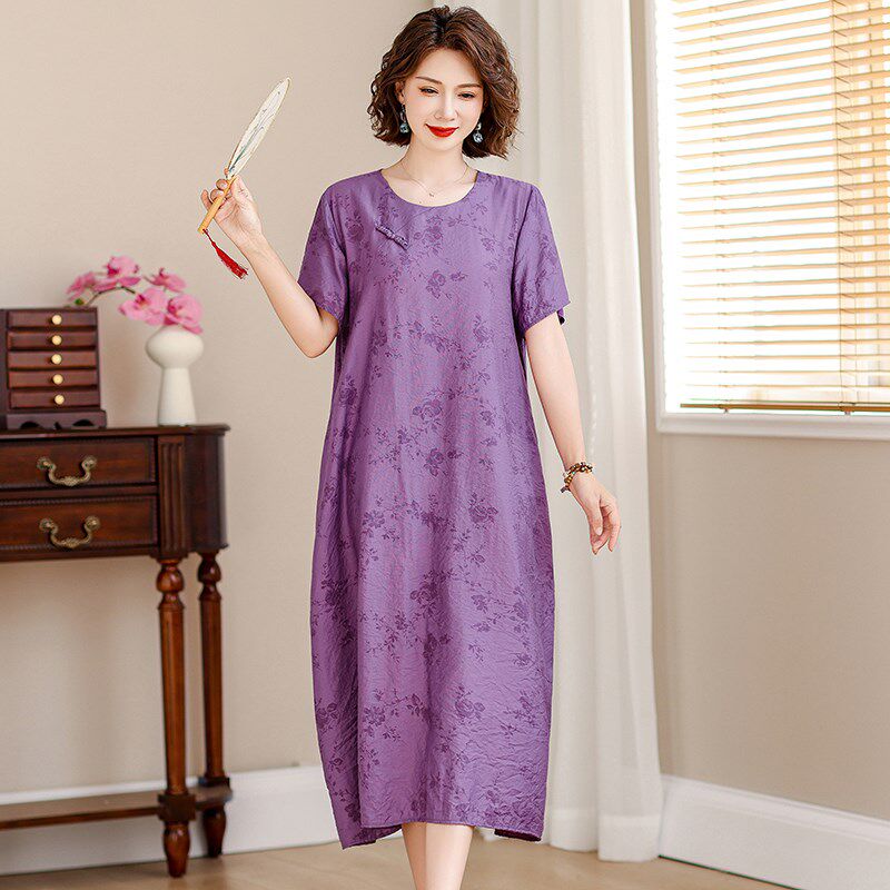 新品中老年女装夏季碎q花国风连衣裙新中式旗袍短袖大码气质妈妈