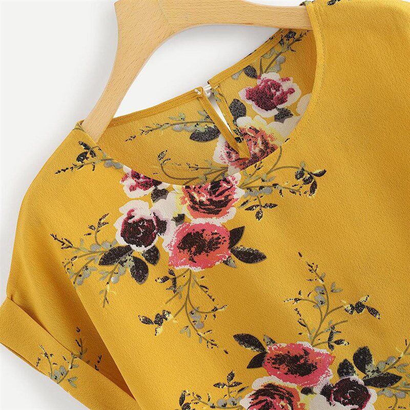 极速Summere Fashion Floral Print Blouse Pullover Ladies O-Ne