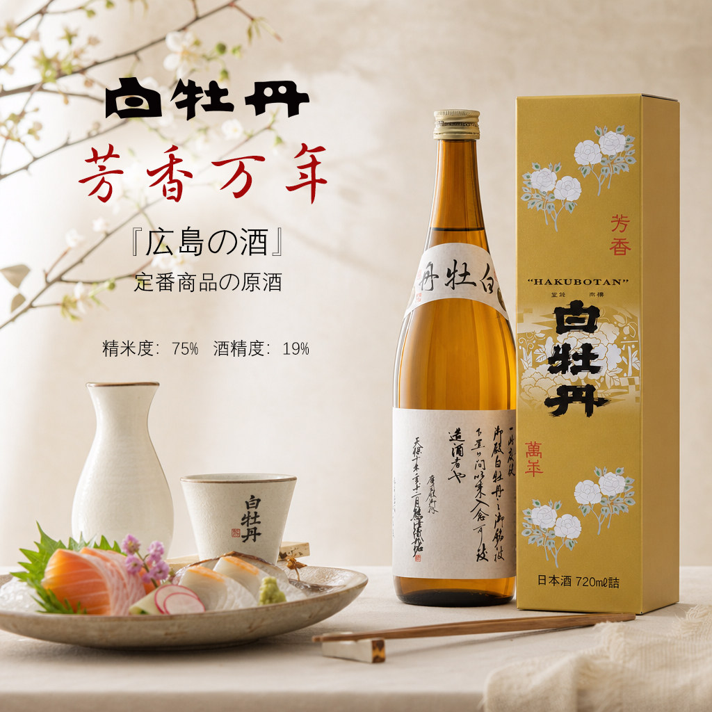 日本白牡丹芳香万年清酒原酒原装进口精米度75%发酵米酒礼盒720ml