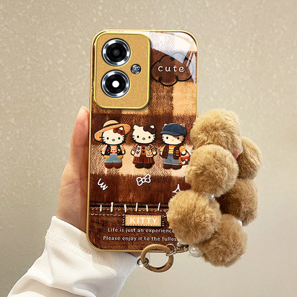 适用OPPOA1i手机壳新款卡通时尚秋冬款毛绒猫咪PJU110金属漆玻璃保护套全包边防摔外壳网红挂绳