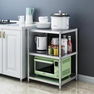 不锈钢厨房置物架家用落地3层收纳锅架电饭锅架子微波炉架置物架