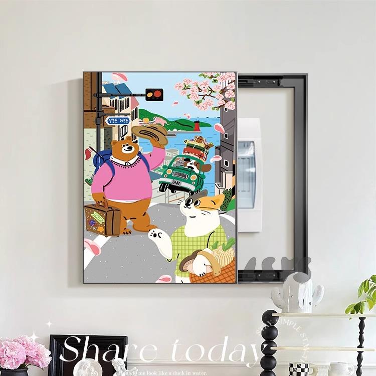 可爱动物插画电表箱装饰画多巴胺卡通客厅挂画推拉配电箱遮挡定制图片