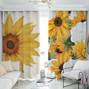 客厅全遮光窗帘北欧向日葵隔断背景布落地窗防晒遮阳布轻奢卧室