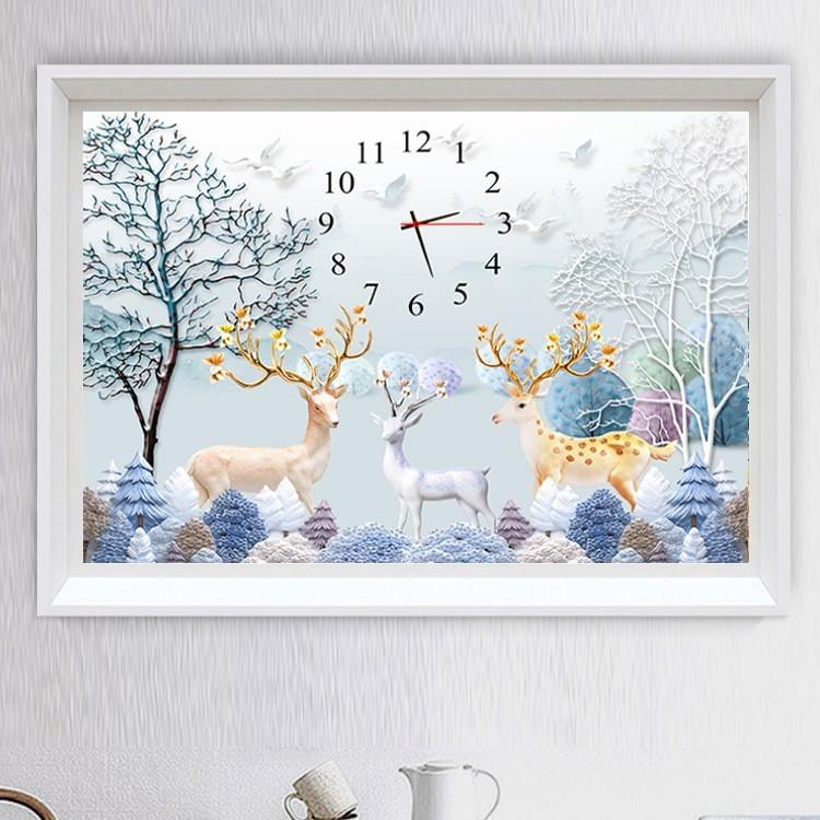 5d钻石画2024新款钟表发财鹿客厅现代高级感点钻十字绣钻石绣挂钟