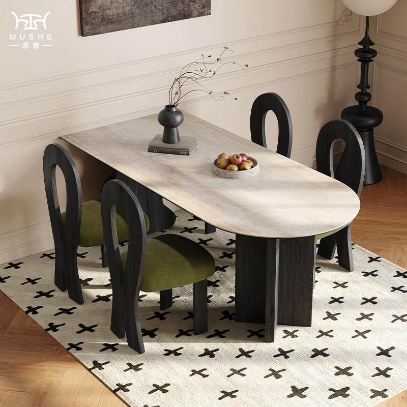 暮奢法式复古洞石岩板餐桌椅组合设计师北美黑胡桃半椭圆岛台餐桌,住宅家具,岩板餐桌,淘宝优惠券,粉丝福利购,淘宝优惠卷