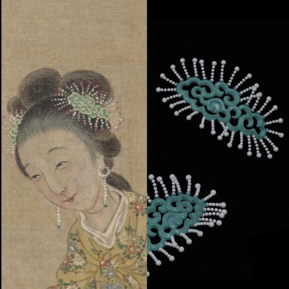 女仙画 画册覆原珠花-3d打印彷珍珠发簪掩鬓发钗汉服古风发饰头饰