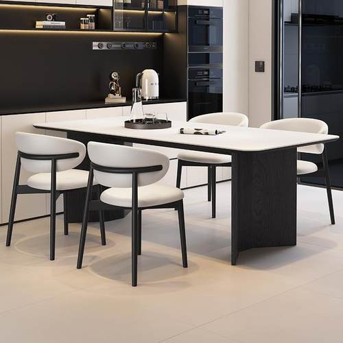 实木小户型意式极简白色岩板长方形餐桌椅组合家用现代简约饭桌子