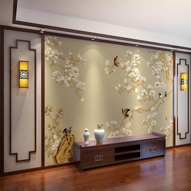 中式玉兰花梅花电视背景墙纸自粘墙贴沙发中国风花鸟书房卧室壁布