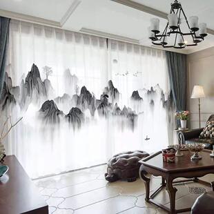 印花窗纱古典中式 半遮光不透人纱帘数码 中国风山水画3D水墨画窗帘