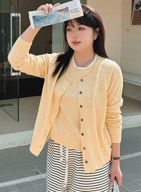 大码女装圆领假两件上衣女长袖外套2025秋胖mm宽松针织开衫22829