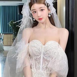 结婚韩式 手工羽毛头纱婚纱白色礼服 1.5米长约 1060新娘饰品新款