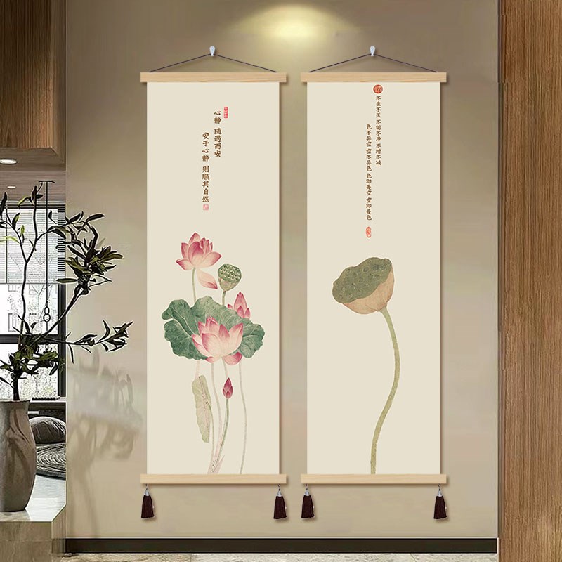 中式般若波罗蜜心经荷花办公室装饰画书I房挂画布艺壁画免打孔挂图片