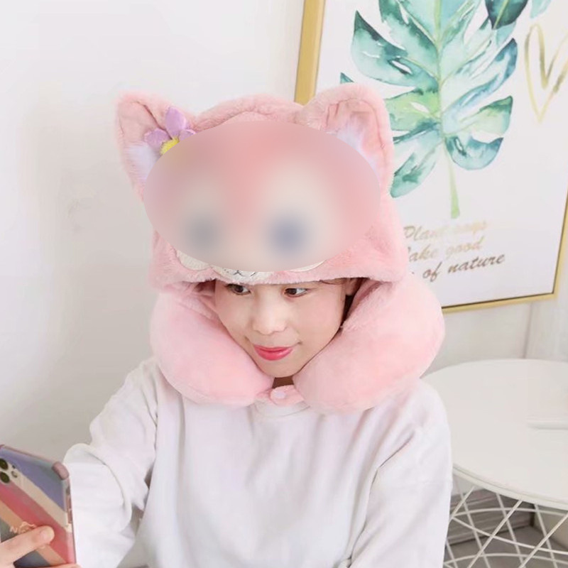 卡通毛绒狐狸U型枕毛绒玩具 学生午睡连帽靠枕车载旅行护颈枕