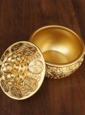 纯黄铜金b蟾带盖聚宝盆摆件家用桌面带盖金钱元宝盆存钱罐装饰摆