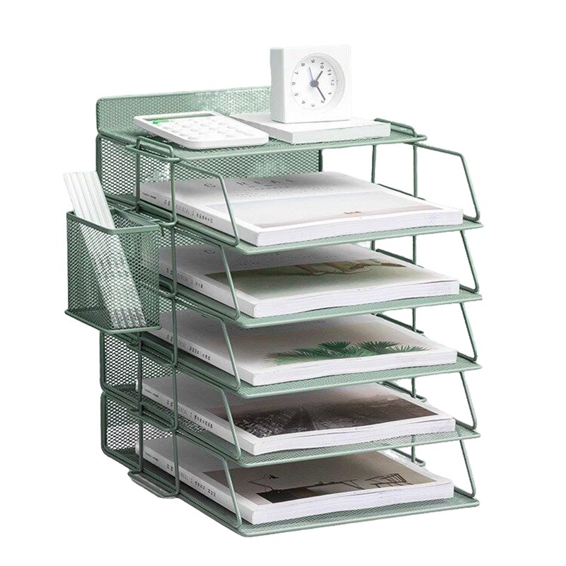 办公桌带笔筒文件架置物架金属文件框铁质多O层桌面收纳盒文件夹