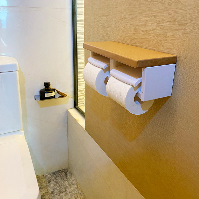 免打孔纸巾架榉木k黑胡桃实木卫生间厕所壁挂纸巾盒双卷纸架置物