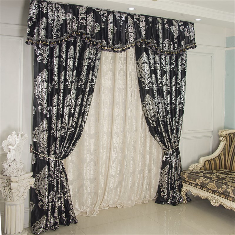 高档长毛烫金绒布 黑色丝绒窗帘H 欧式窗帘 银色富贵花