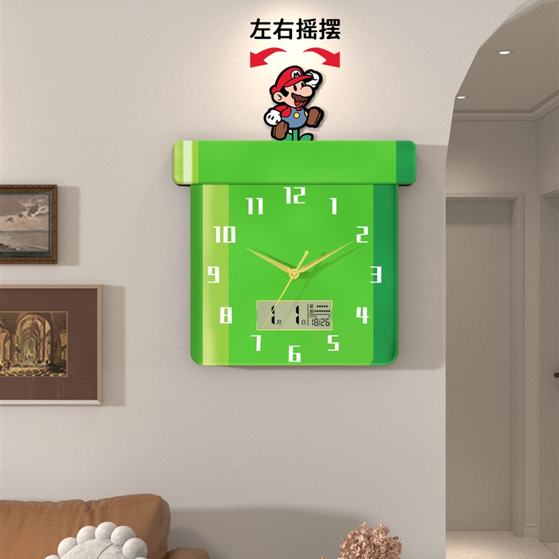卡通挂钟家万年历钟o客厅墙壁摆动钟沉默的创意装饰挂钟没有冲孔